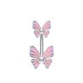 Macro detail of silver navel ring with pink and purple enamel butterfly and pearl accent - 2786 Pink Purple Gradient Butterfly