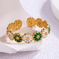 Golden open bangle featuring white and green enamel daisy patterns in a minimalist style - Adjustable Open / Daisy Gold Green White Bangle (JR464-GG)