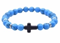 Blue turquoise bead bracelet with matte black cross charm and silver spacer accents - Blue Turquoise + Black Cross