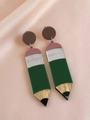 Unique pencil-shaped acrylic drop earrings with colorful segments on pink silk - Creative Colored Pencil Style