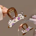 Double-sided hair claw clip featuring a cartoon cat and fish design in amber color - Brown Cat