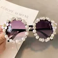 Women's round pearl sunglasses with gradient purple lenses and white floral details - No. 16 (Pearl Crystal Flower)