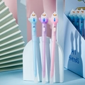 Three cute cartoon bird pens in pastel blue, purple, and pink on decorative background - Bird Style