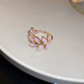 Elegant gold leaf ring with pink enamel details on a minimalist ceramic background - Purple Leaf Opening Style (14#)