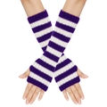 Detail of purple and white striped knit arm warmers with a comfortable fingerless design - One Size / Purple & White Stripes