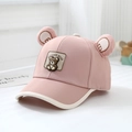 Close-up of pink baby baseball cap featuring 3D bear ears and outdoor bear patch - 52cm (2-5 Years) / Pink