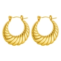 Polished gold plated stainless steel croissant hoop earrings for women on white backdrop - Croissant Latch-back Hoop