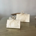 Elegant champagne triangular wedding favor box with wooden ring and fishtail gauze bow - Beige Box + Plain Beige Fishtail Tulle / Small Size (do Not Use Wooden Rings)