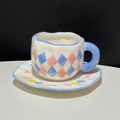 Ceramic cup and saucer set with pink and blue hand-painted irregular diamond patterns - 250ML / Blue and Pink Rhombus
