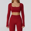 Naadloze donkerrode yogaset met top met lange mouwen en vierkante hals en hoge taille broek - S / Kersenrood