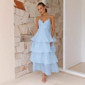 Elegant light blue backless tiered maxi dress with thin straps and ruffled hem design - S / Blue