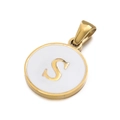 Round gold-plated stainless steel alphabet pendant with white enamel and letter S detail - Letter S