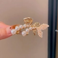 Elegant gold fishtail hair claw clip with white pearls for high ponytail styling - #7 Double Fishtail Pearl