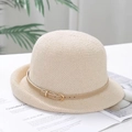 Beige woven cloche hat with a brown leather strap and gold buckle detail - Belt Buckle Decoration / Beige