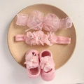 Pink 3-piece baby set with sequin bow headband, lace flower band, and pearl knit socks - 4665 Pink Mesh Flower Headband + Openwork Socks