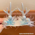 Fermaglio per capelli con corna di renna argento, piume bianche e fiocco di neve, 4 cm - 01# Molletta per capelli natalizia - Fiocco di neve blu argento