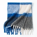 Blue and grey plaid checkered scarf with tassels on a white background - Dark Blue