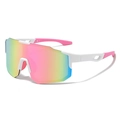 White cycling sunglasses with iridescent pink gold lenses and non-slip temples - Large Frame Sports Style (3259) / White Frame Pink Lens