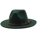 Detail of dark green wool fedora hat with brown leather studded band and buckle - Dark Green