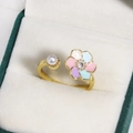 Adjustable gold ring featuring multi-colored enamel petals with zircon and small pearl - Colorful Five-Petal Flower Bead Only (Gold 7)