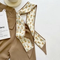 Floral twilly scarf with yellow tulips and camel borders on a satin fabric base - Khaki Small Flower