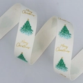 Cream Christmas ribbon with green trees and gold Merry Christmas script print - 9-White Christmas Tree Style (1.6cm*100 Yards)