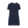 Short sleeve navy tweed dress with round neck, matching belt and gold button details - XS / Dark Blue