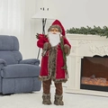Traditional standing Santa Claus figurine wearing red velvet coat holding a small lantern - Red Figurine With Sticks / 120cm High