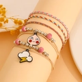 Five-piece bohemian style bracelet set with colorful cords, beads, and enamel charms - Cloud Lightning Bun Style (A-1414)