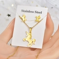 Golden unicorn pendant necklace and earring set displayed on a stainless steel card - TT-133 Unicorn 2