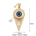 Golden Evil Eye talisman pendant with blue zirconia stones and precise 30x15mm dimensions - L559878-Gold Blue Eye Triangle