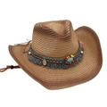 Detail of brown straw cowboy hat with bohemian beads and ethnic turquoise band - Khaki Brown (Ethnic Style)