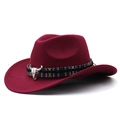 Detail of burgundy wool western hat featuring ethnic woven band and silver bull skull ornament - M (56-58cm) Adjustable / Burgundy