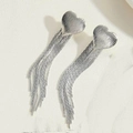 Silver minimalist heart stud earrings with long metal tassels and brushed texture finish - Platinum Plated Heart Tassel / Silver
