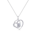 Polished silver double heart necklace with a round-cut lab diamond in prong setting - 925 Silver / Chain Length 45cm / 1 ct / Moissanite Pendant