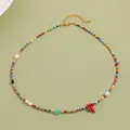 Bohemian colorful seed bead necklace with red coral charm and fresh pearls - Multicolor Seed Beads Coral Pendant Style (XL-632J)
