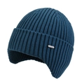 Dark blue winter knit beanie with ear flaps and silver metallic logo detail - Lake Blue