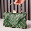 Green and gold rhinestone evening clutch bag with geometric patterns and metal handle - Green