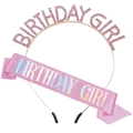 Pink Birthday Girl headband with rhinestones and matching glitter sash party set - Rose Red Zirconia Set