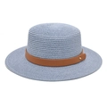 Detail of light blue straw boater hat featuring a brown leather band and gold rivet - M (56-58cm) / Sky Blue