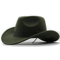 Close-up of a dark green wool fedora with a black ribbon band and curved brim detail - Army Green