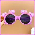 Pink cartoon girl sunglasses with cute ears and polka dot bow on round frame - Purple