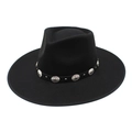 Cappello fedora in feltro di lana nero con fibbie concho d'argento e tesa larga piatta - M (56-58cm) / Nero