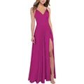 Robe de soirée élégante magenta avec fines bretelles, col en V et fente latérale haute - US 14 / Haut Et Bas / Rose rouge