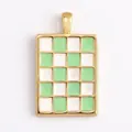 Rectangular gold-plated pendant featuring green and white checkered enamel pattern - ABG0615-Mint Green Checkerboard (Rectangle)
