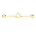Gold industrial barbell earring with lotus flower design and white opal stone accent - Gold Color Lotus