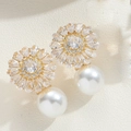 Elegant gold flower earrings with sparkling zircons and a large white pearl drop - Sunflower Pearl Dangle Earrings / Gold