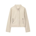 Beige faux leather cropped jacket with stand collar and dual side zipper pockets - S / Off White
