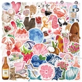 Detailweergave van aquarelstickers met motieven van dieren, eten en retro objecten - 50 aquarel dagboek 2 stickers