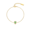 Macro detail of a pear-shaped green gemstone bracelet with gold chain and lobster clasp - Green Waterdrop Style (B2325-GO-G)